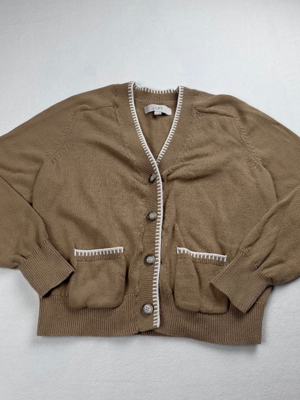 LOFT Camel Contrast Whipstitch Trim V-Neck Sweater Vest, Size XS